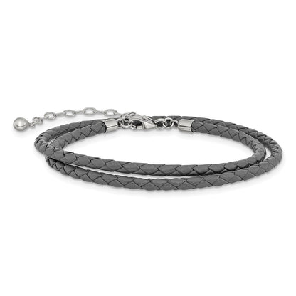 Sterling Silver Reflections Gray Leather Rhodium-Plated 14 Inch With A 2 Extention Choker/Wrap Bracelet