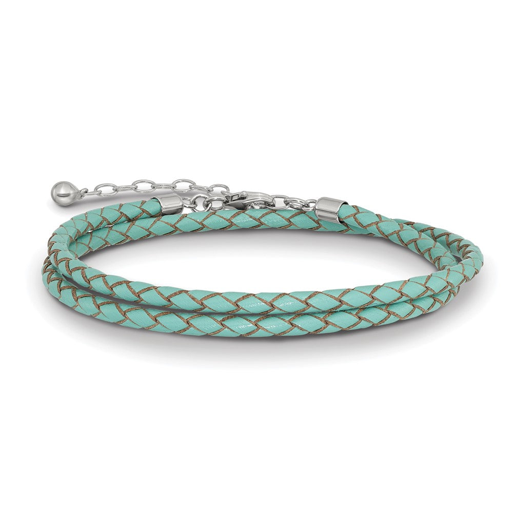 Sterling Silver Reflections Teal Leather Rhodium-Plated 14 Inch With A 2 Extention Choker/Wrap Bracelet