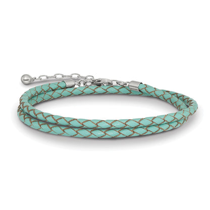 Sterling Silver Reflections Teal Leather Rhodium-Plated 14 Inch With A 2 Extention Choker/Wrap Bracelet