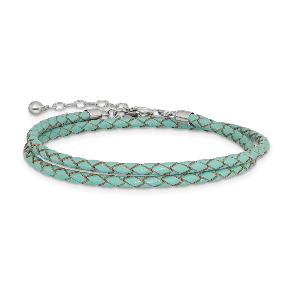 Sterling Silver Reflections Teal Leather Rhodium-Plated 14 Inch With A 2 Extention Choker/Wrap Bracelet