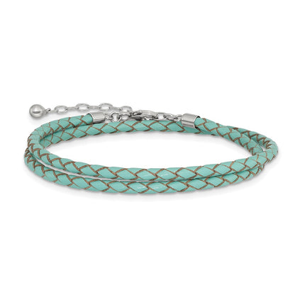 Sterling Silver Reflections Teal Leather Rhodium-Plated 14 Inch With A 2 Extention Choker/Wrap Bracelet