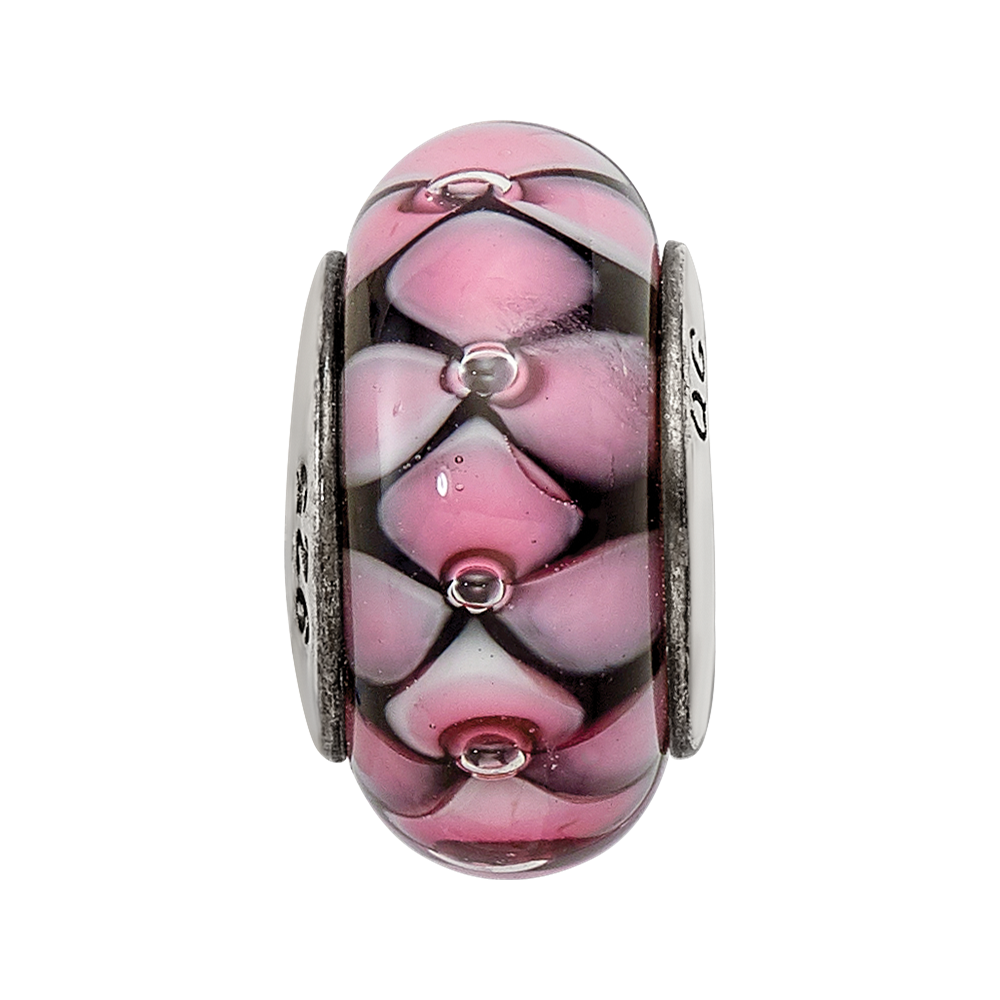 Sterling Silver Reflections Black/Pink Hand-Blown Glass Bead
