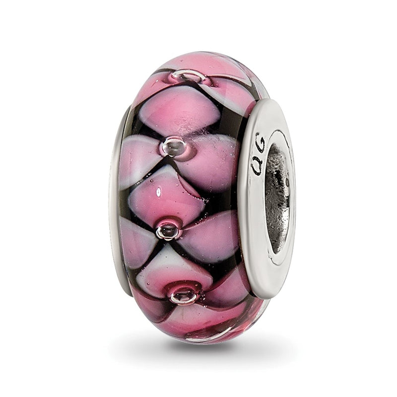 Sterling Silver Reflections Black/Pink Hand-Blown Glass Bead