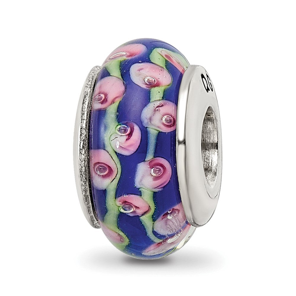 Sterling Silver Reflections Blue Floral Hand-Blown Glass Bead