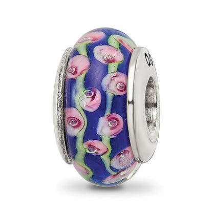 Sterling Silver Reflections Blue Floral Hand-Blown Glass Bead