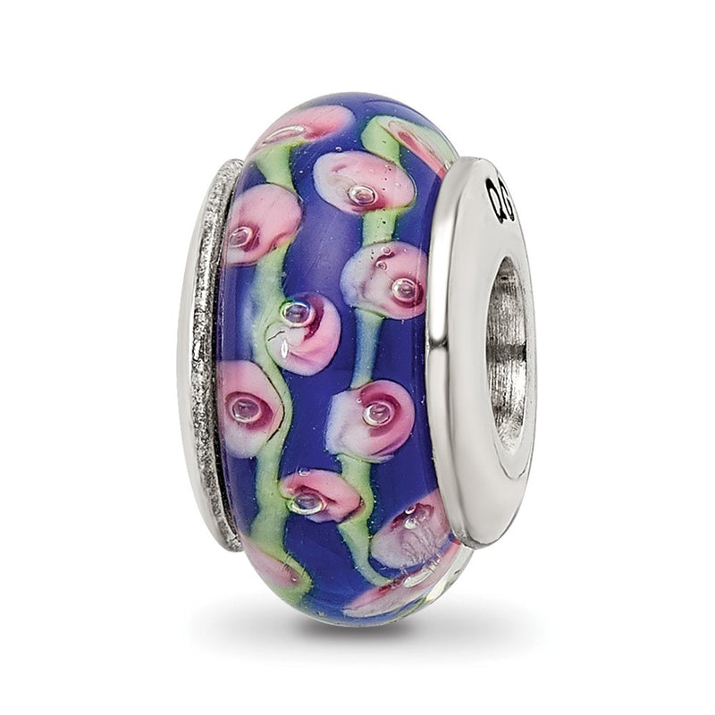 Sterling Silver Reflections Blue Floral Hand-Blown Glass Bead