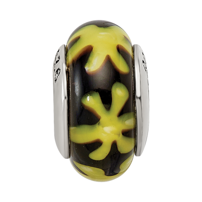 Sterling Silver Reflections Yellow/Black Hand-Blown Glass Bead