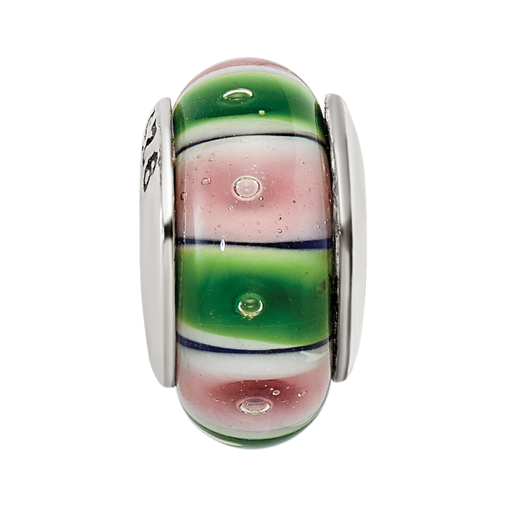 Sterling Silver Reflections Green/Pink Hand-Blown Glass Bead