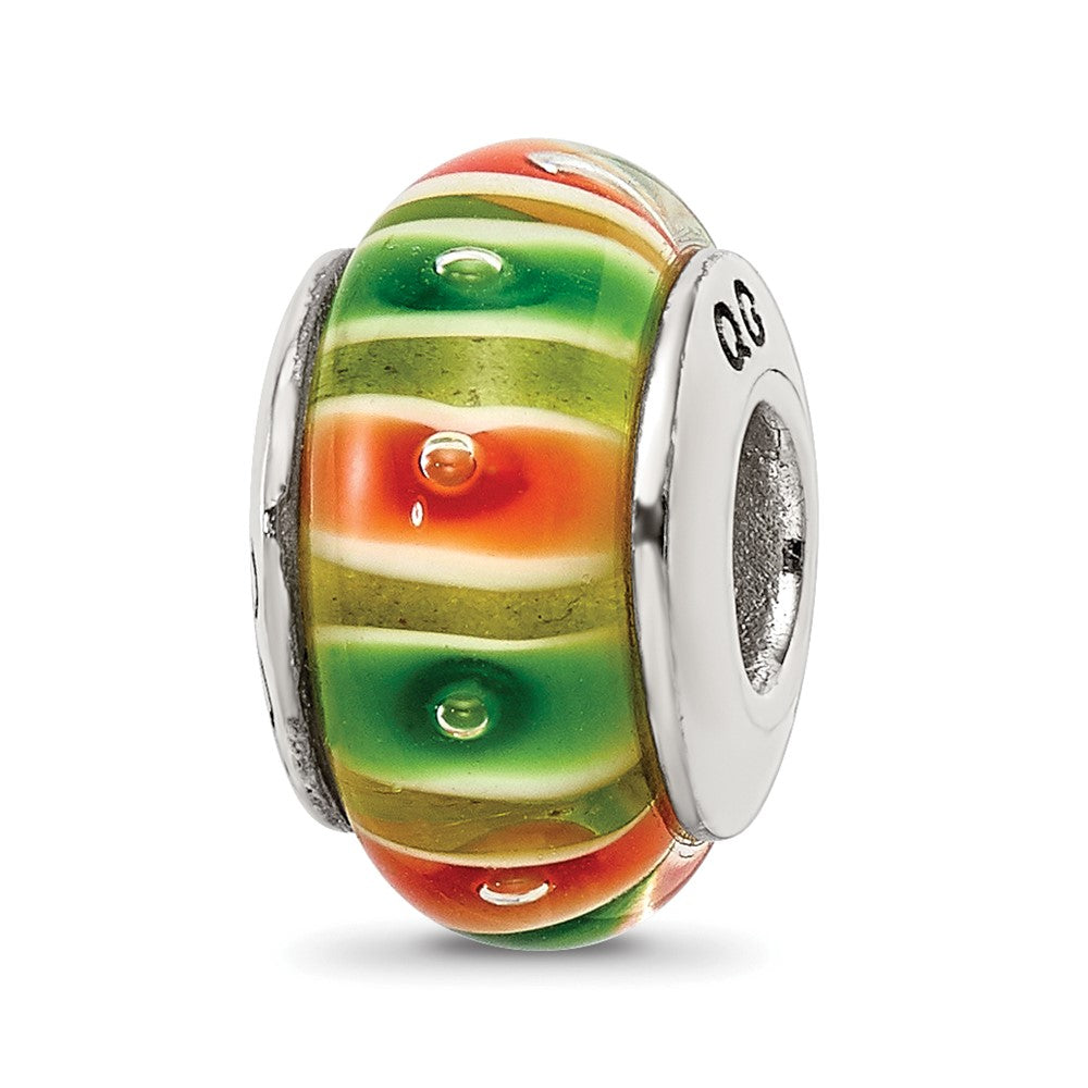 Sterling Silver Reflections Green/Orange Hand-Blown Glass Bead