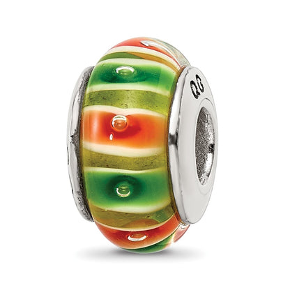 Sterling Silver Reflections Green/Orange Hand-Blown Glass Bead