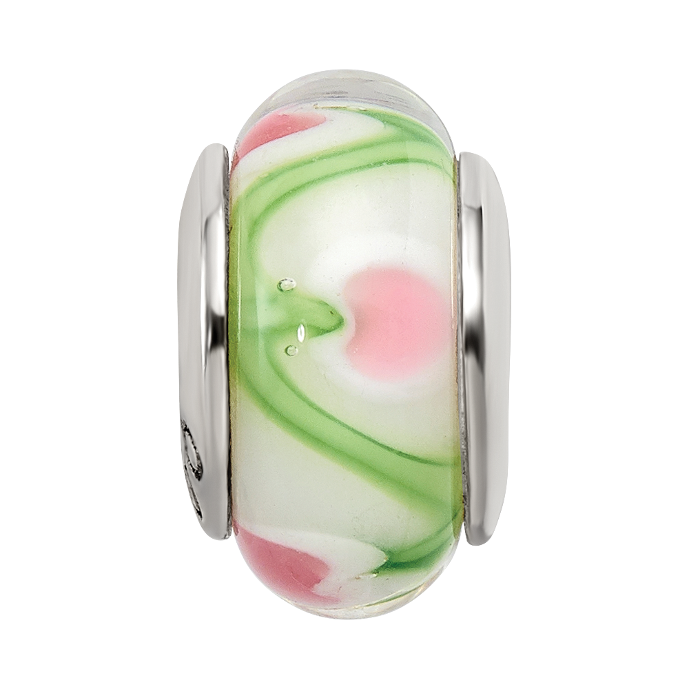 Sterling Silver Reflections White/Pink/Green Hand-Blown Glass Bead