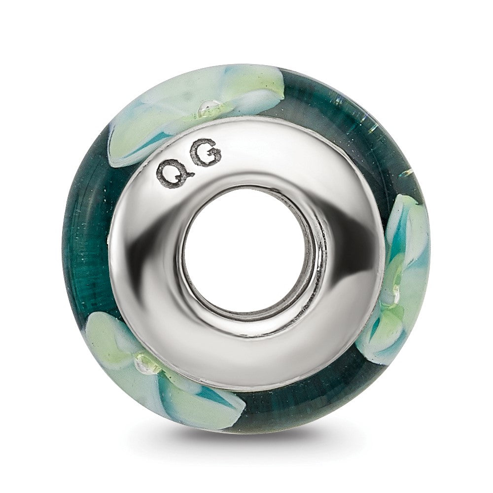 Sterling Silver Reflections Blueish Green Floral Hand-Blown Glass Bead