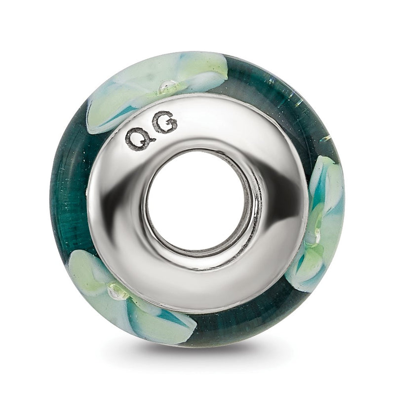 Sterling Silver Reflections Blueish Green Floral Hand-Blown Glass Bead