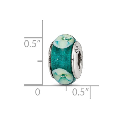 Sterling Silver Reflections Blueish Green Floral Hand-Blown Glass Bead