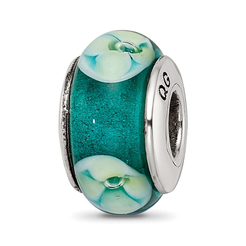 Sterling Silver Reflections Blueish Green Floral Hand-Blown Glass Bead