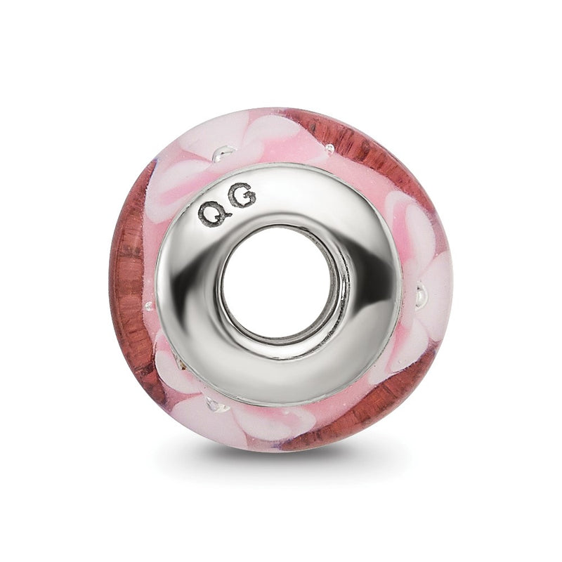 Sterling Silver Kids Collection Hand-Blown Pink With Floral Pattern Glass Reflections Bead