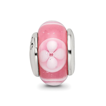 Sterling Silver Kids Collection Hand-Blown Pink With Floral Pattern Glass Reflections Bead