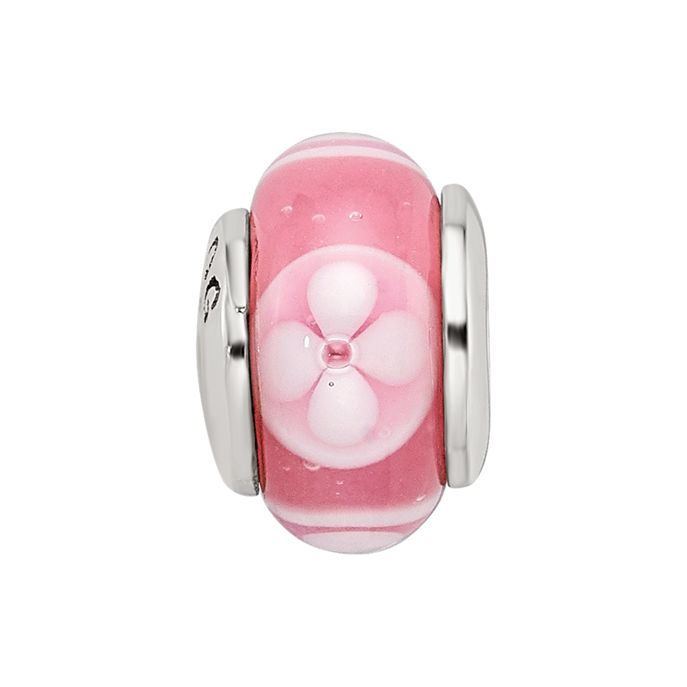 Sterling Silver Kids Collection Hand-Blown Pink With Floral Pattern Glass Reflections Bead