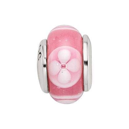 Sterling Silver Kids Collection Hand-Blown Pink With Floral Pattern Glass Reflections Bead