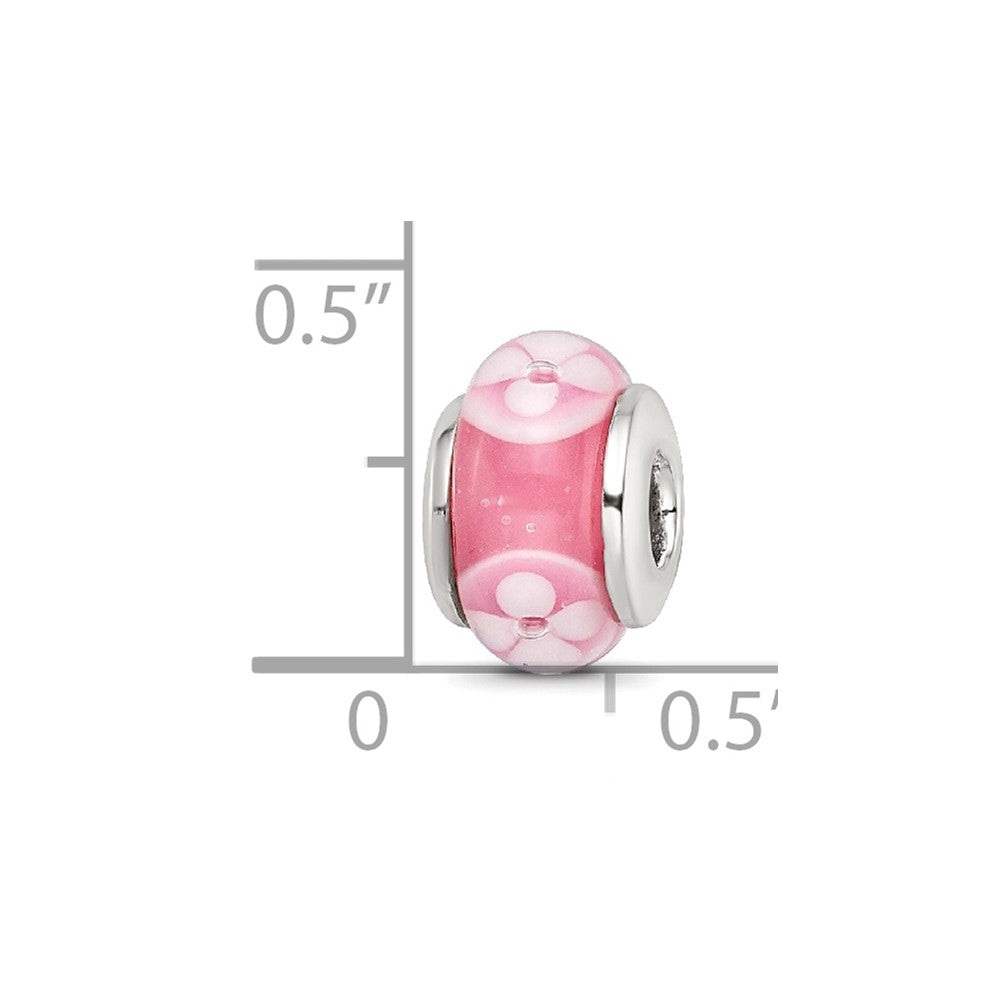 Sterling Silver Kids Collection Hand-Blown Pink With Floral Pattern Glass Reflections Bead