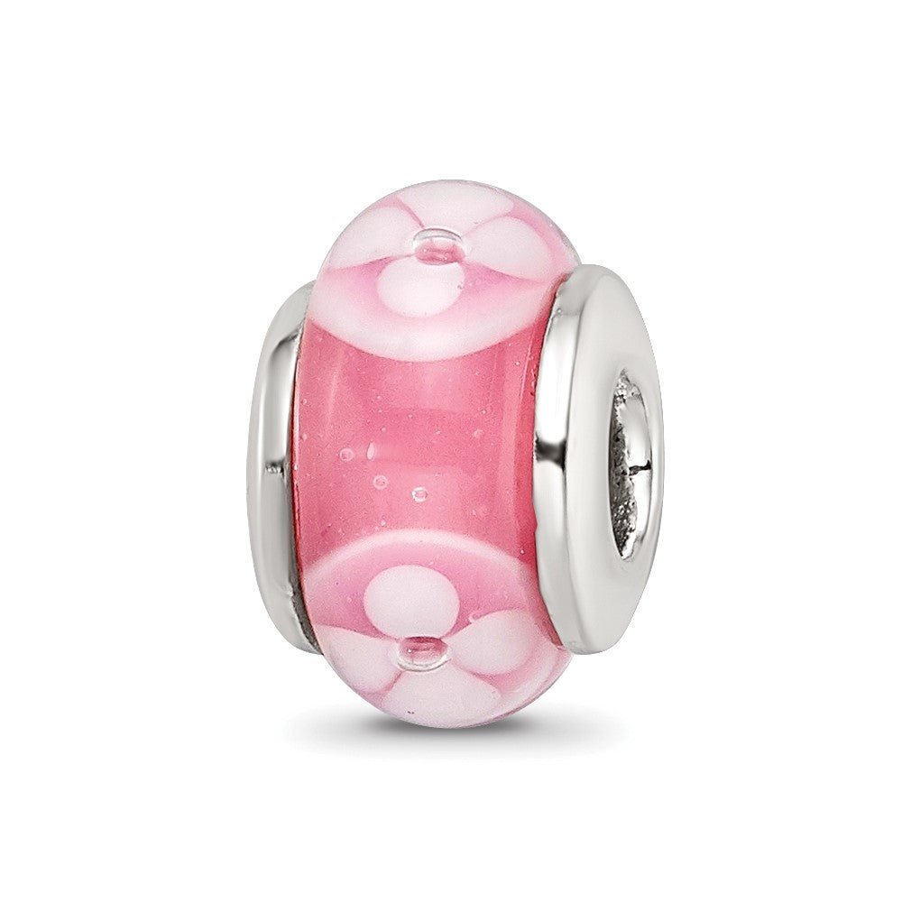 Sterling Silver Kids Collection Hand-Blown Pink With Floral Pattern Glass Reflections Bead