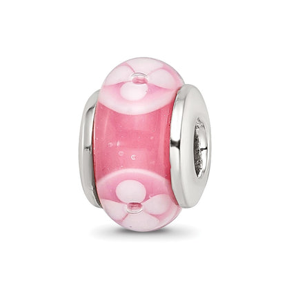Sterling Silver Kids Collection Hand-Blown Pink With Floral Pattern Glass Reflections Bead