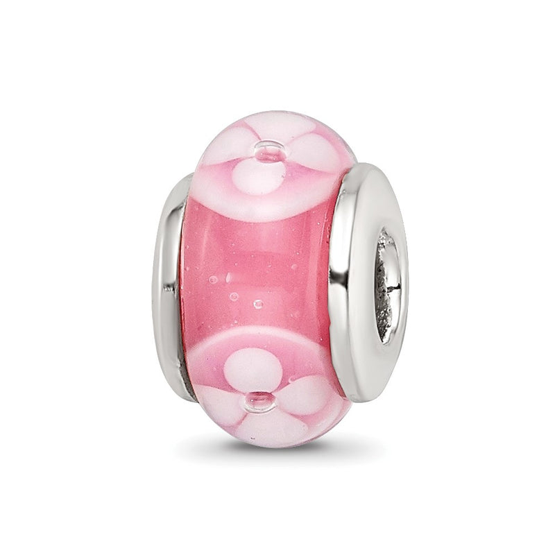Sterling Silver Kids Collection Hand-Blown Pink With Floral Pattern Glass Reflections Bead