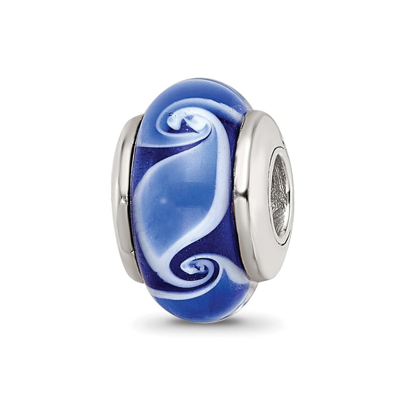 Sterling Silver Kids Collection Hand-Blown Blue Glass Wave Pattern Reflections Bead