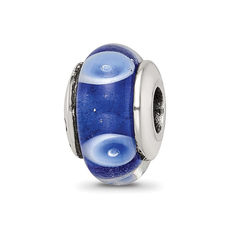 Sterling Silver Kids Collection Hand-Blown Blue With White Dots Pattern Glass Reflections Bead