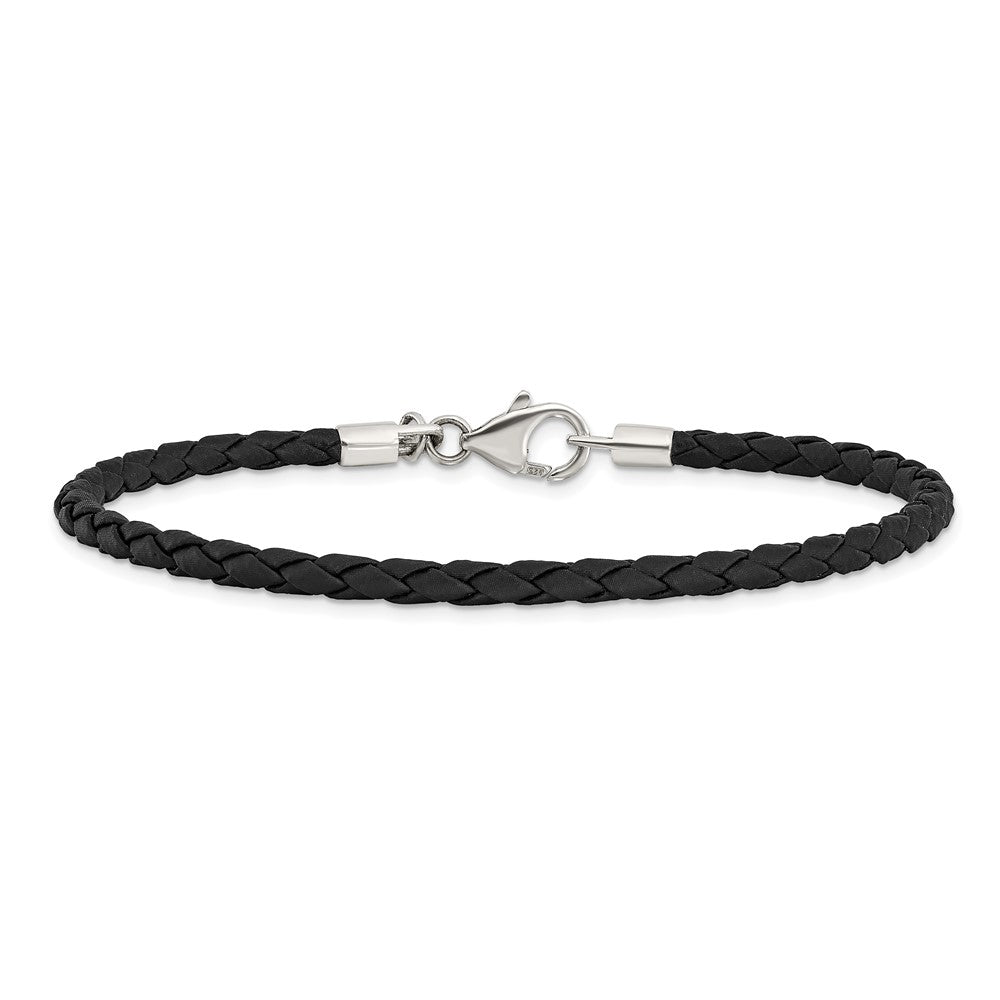 6.75 Inch Sterling Silver Reflections Black Leather Bead Bracelet