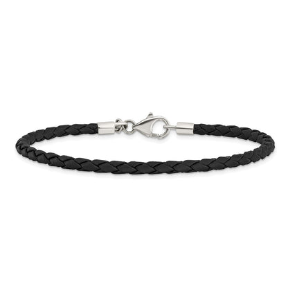 9 Inch Sterling Silver Reflections Black Leather Bead Bracelet