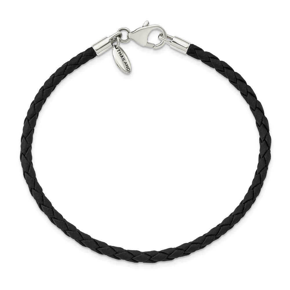 7.75 Inch Sterling Silver Reflections Black Leather Bead Bracelet