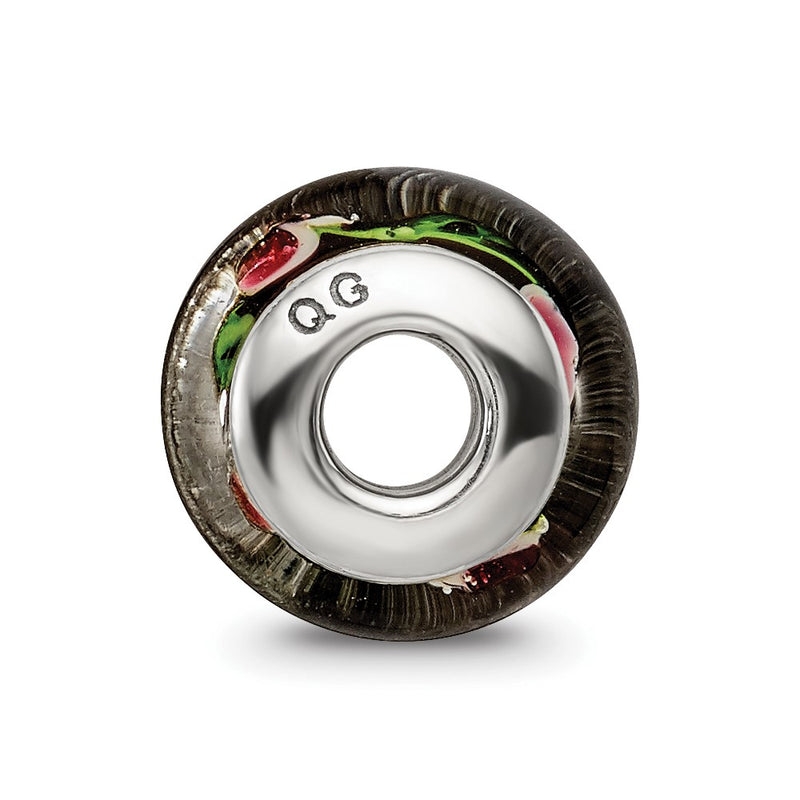 Sterling Silver Kids Collection Hand-Blown Black With Floral Pattern Glass Reflections Bead