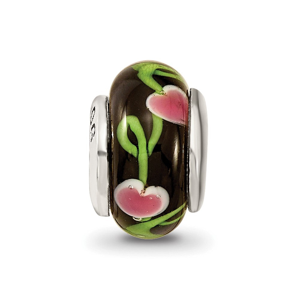 Sterling Silver Kids Collection Hand-Blown Black With Floral Pattern Glass Reflections Bead