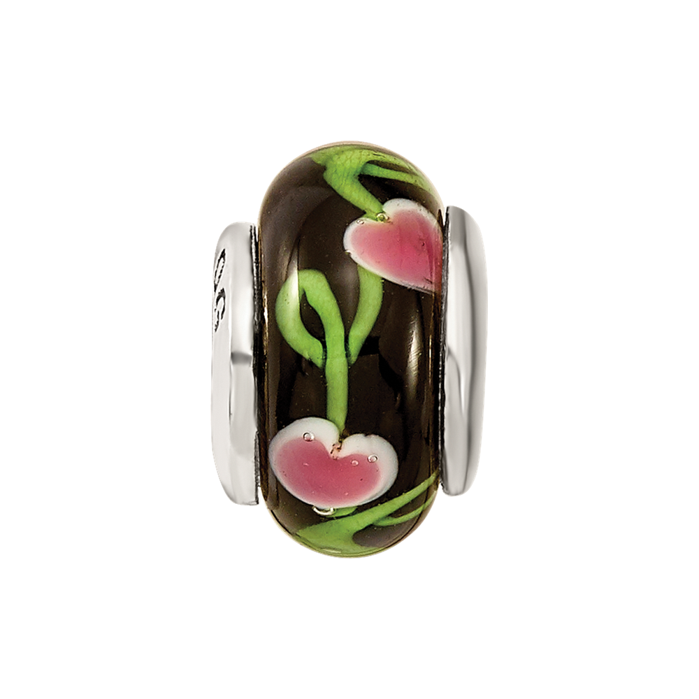 Sterling Silver Kids Collection Hand-Blown Black With Floral Pattern Glass Reflections Bead