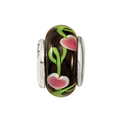 Sterling Silver Kids Collection Hand-Blown Black With Floral Pattern Glass Reflections Bead