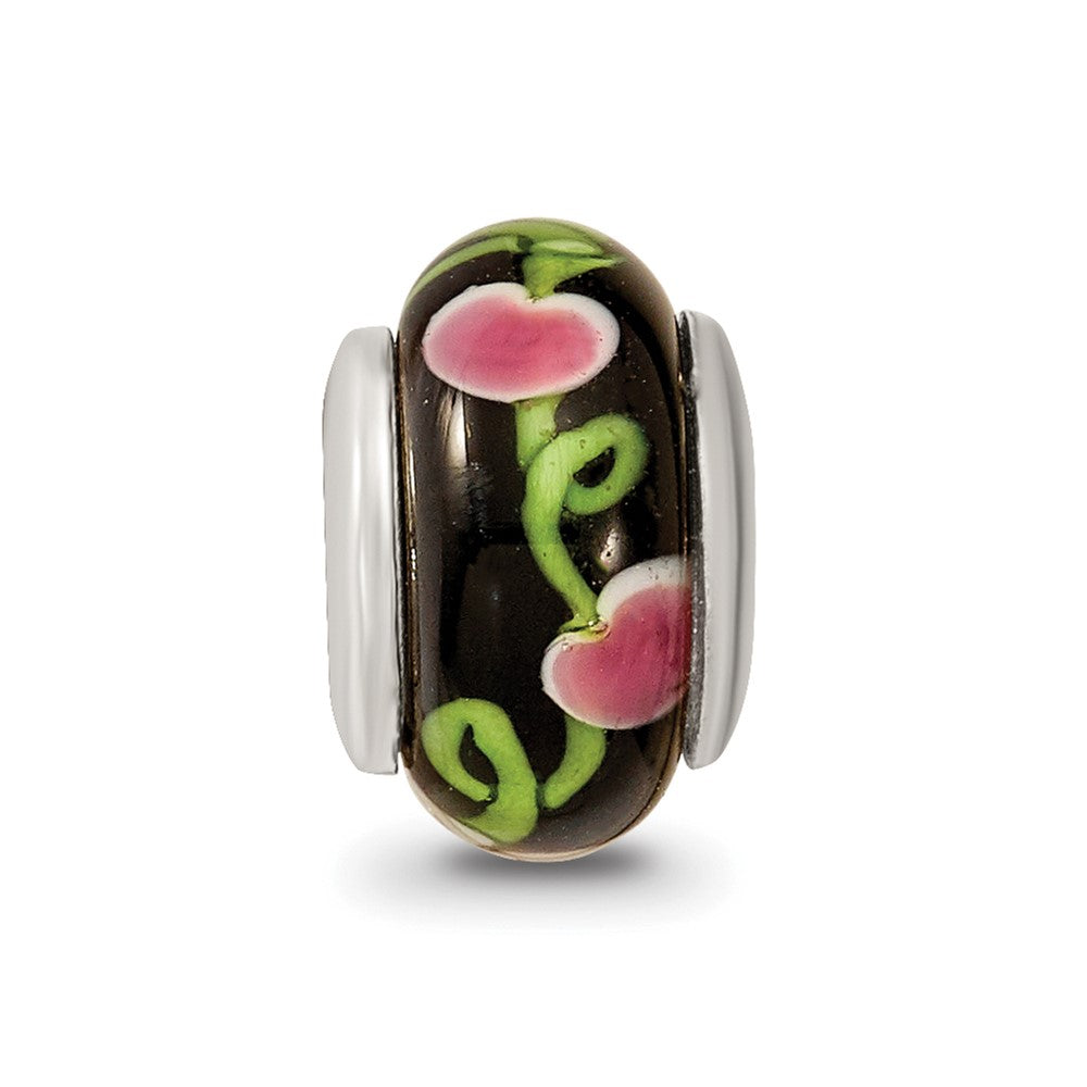 Sterling Silver Kids Collection Hand-Blown Black With Floral Pattern Glass Reflections Bead