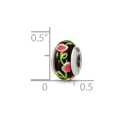 Sterling Silver Kids Collection Hand-Blown Black With Floral Pattern Glass Reflections Bead