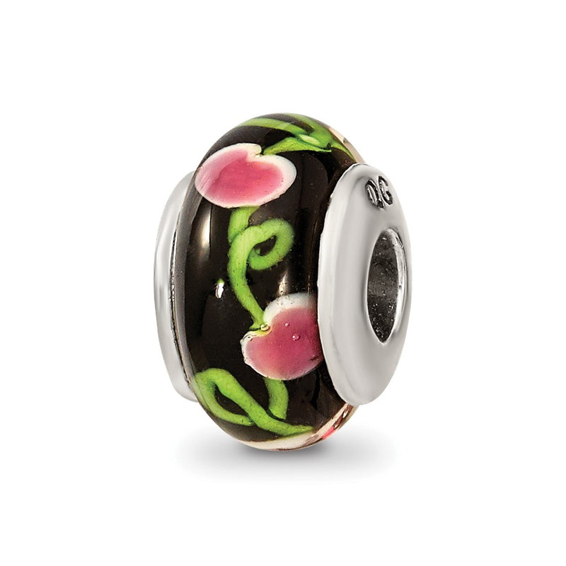 Sterling Silver Kids Collection Hand-Blown Black With Floral Pattern Glass Reflections Bead