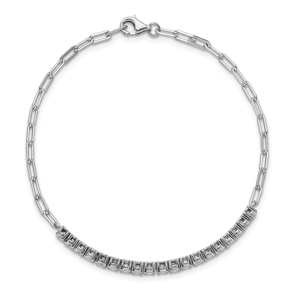 Sterling Silver Rhodium-Plated CZ 19 Stone 7in Paperclip Link Bracelet