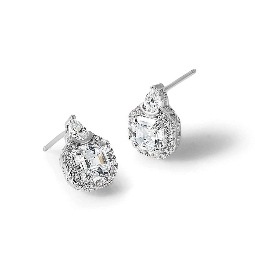 Sterling Silver Rhodium-Plated CZ 38 Stone Teardrop Post Earrings