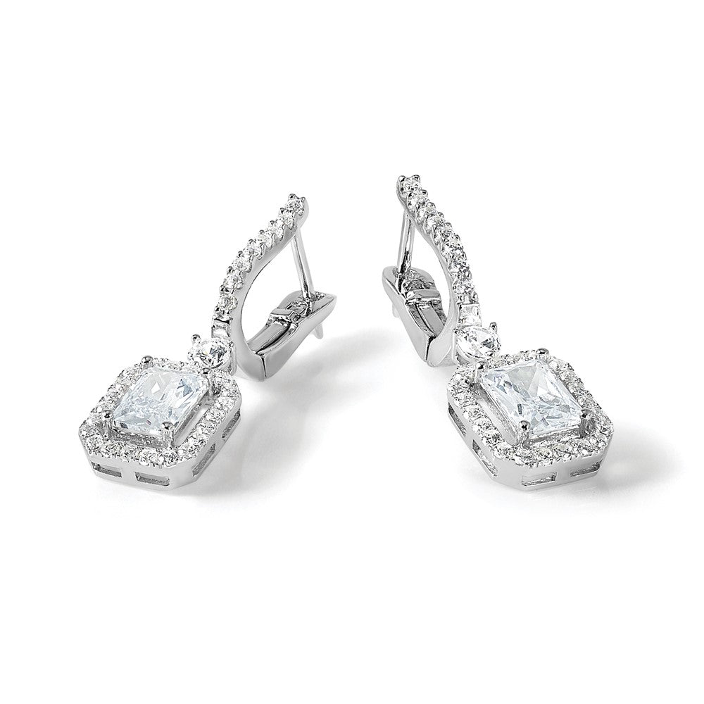 Sterling Silver Rhodium-Plated CZ 64 Stone Hinged Hoop Dangle Earrings