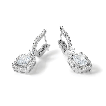 Sterling Silver Rhodium-Plated CZ 64 Stone Hinged Hoop Dangle Earrings
