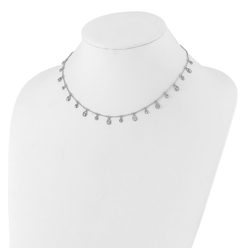 Sterling Silver Rhodium-Plated CZ 14in w/2in Ext. Teardrop Necklace