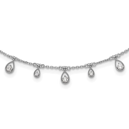 Sterling Silver Rhodium-Plated CZ 14in w/2in Ext. Teardrop Necklace
