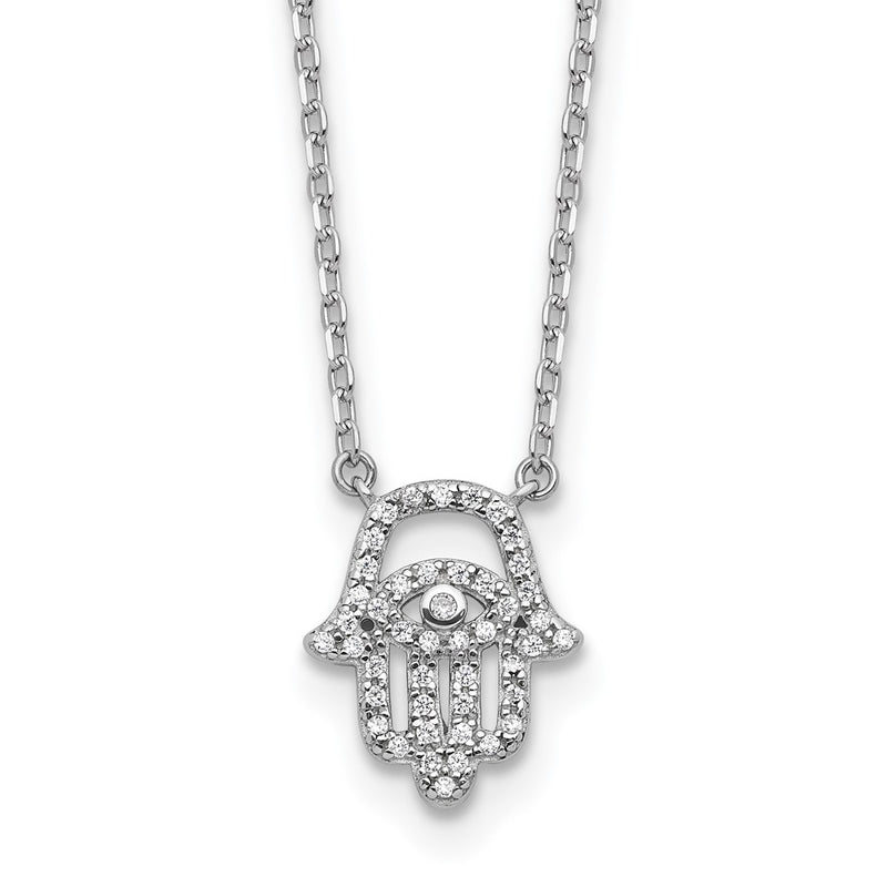 Sterling Silver Rhodium-Plated CZ 16in w/2in Ext. Chamseh/hamsa Necklace