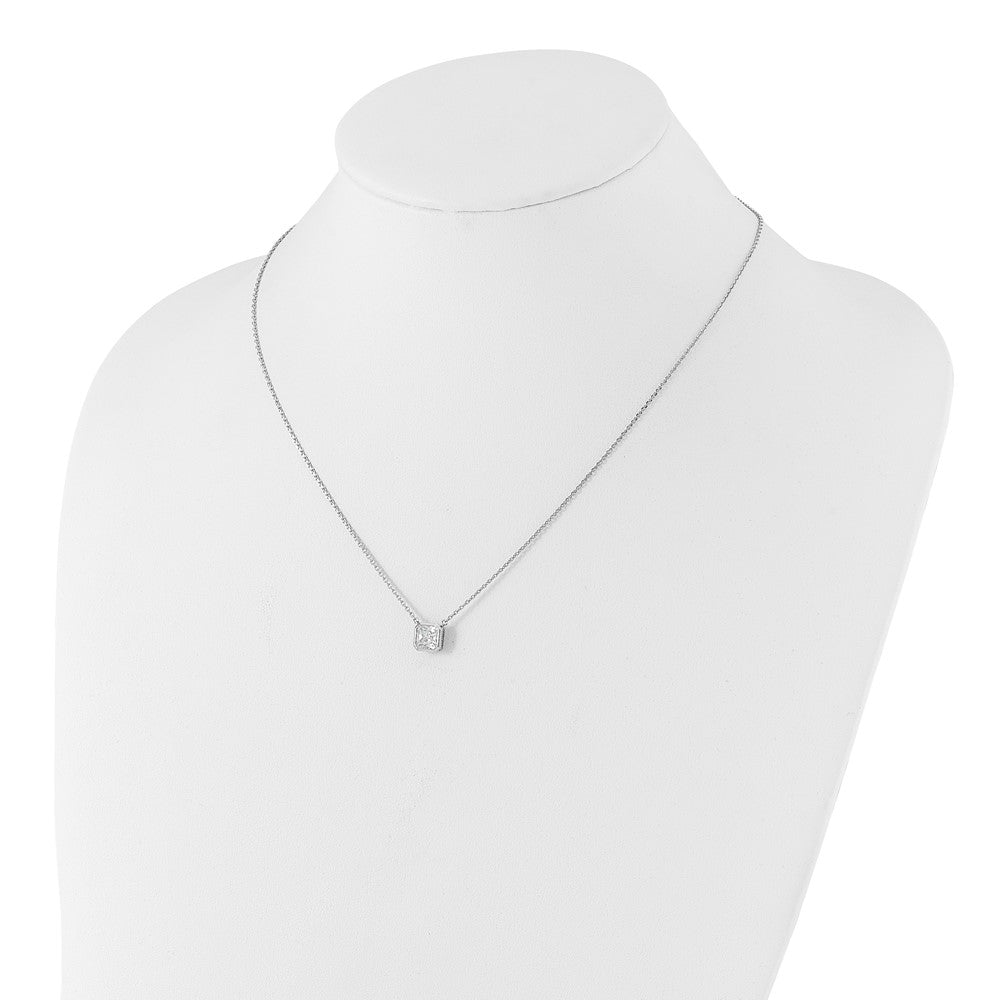 Sterling Silver Rhodium-Plated CZ 19 Stone 16in w/2in Ext. Square Necklace