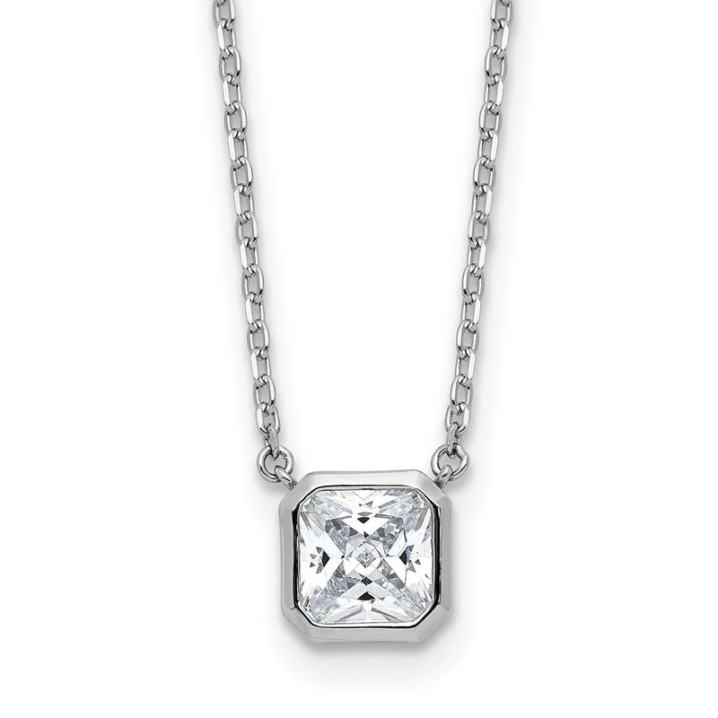 Sterling Silver Rhodium-Plated CZ 19 Stone 16in w/2in Ext. Square Necklace