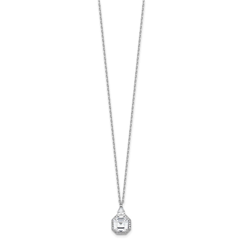 Sterling Silver Rhodium-Plated CZ 16in w/2in Ext. Tear Drop Square Necklace