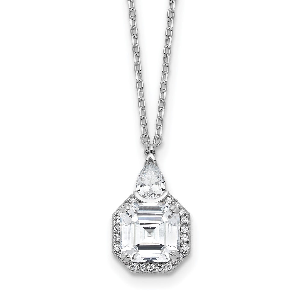 Sterling Silver Rhodium-Plated CZ 16in w/2in Ext. Tear Drop Square Necklace